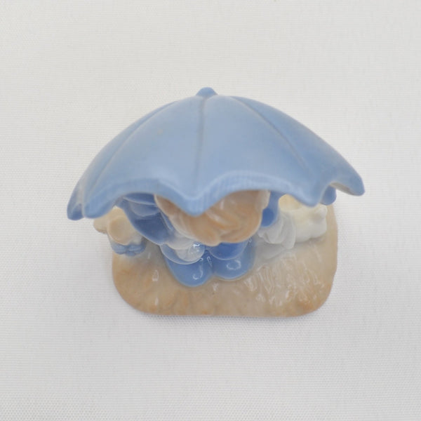 Vintage Blue White Porcelain Japan Farm Country Boy Figurine - Umbrella and Dog
