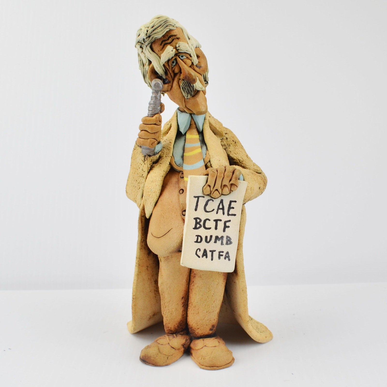 Studio Art Pottery Clay Old Man Optometrist Sculpture Whimsical Handmade Signed