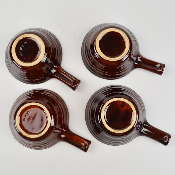 Mar-Crest Daisy Dot Brown Stoneware Soup Bowls with Handle Lot of 4 Vintage