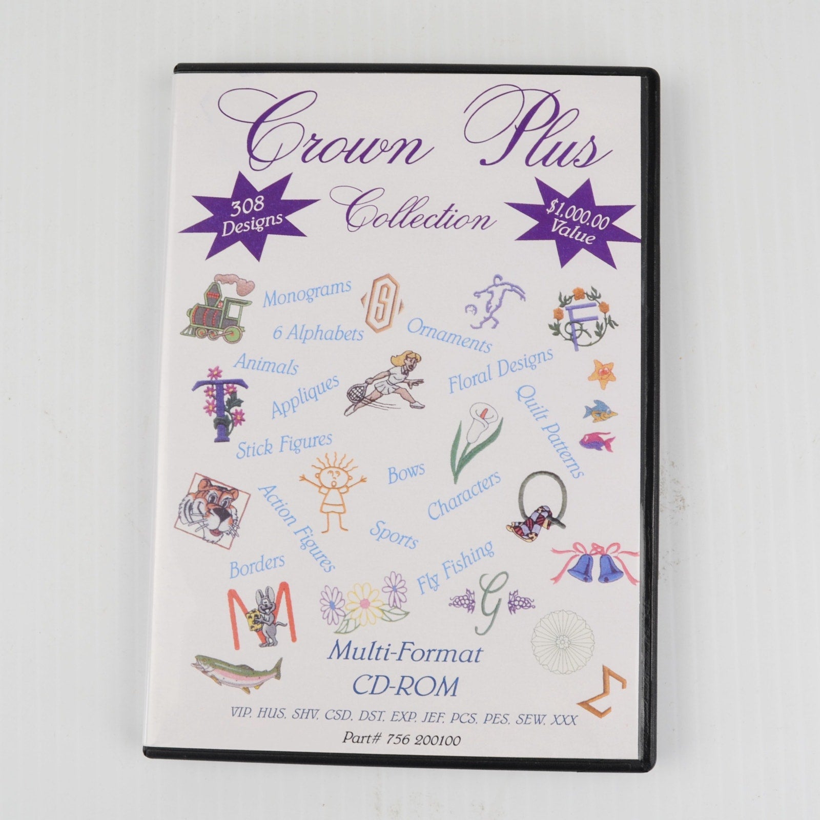 Crown Plus Machine Embroidery CD - 308 Designs, Monograms, Floral, Animals, Etc.