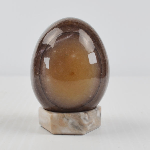 Vintage Alabaster Marble Stone Egg Polished Beige, Dark Rings, Stone Stand 2.5"