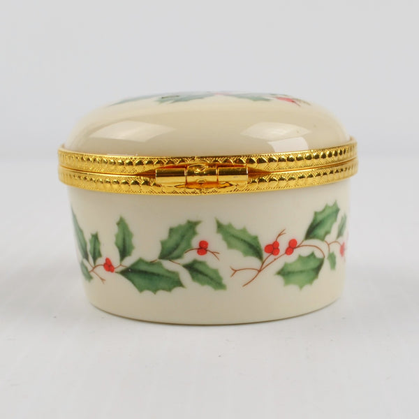 Lenox Porcelain Christmas Hinged Holly Berry Gold Trim Trinket Box 2" Diameter