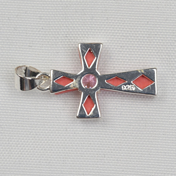 925 Sterling Silver Pink Rhinestone Small Cross Pendant 1.25" Mother of Pearl