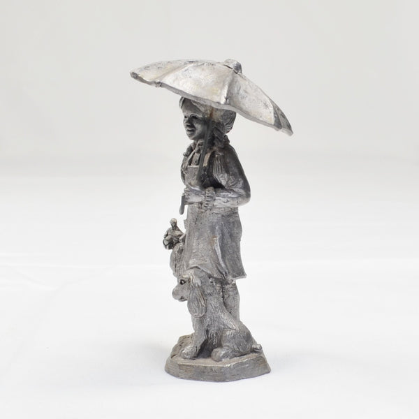 Pewter Girl with Umbrella & Dog Sculpture Figurine by Michael Ricker 1983 4.5"