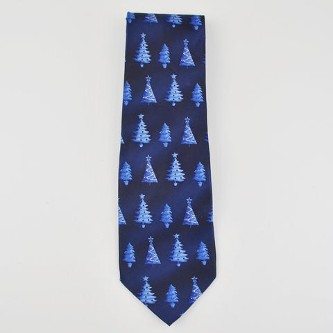 Holiday Mens Necktie Silk Christmas Tie - Blue Christmas Trees Christmas Party