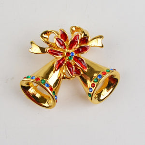 Christmas Bells Poinsettia Brooch Pin Rhinestones 1 3/8" Premier Designs  New