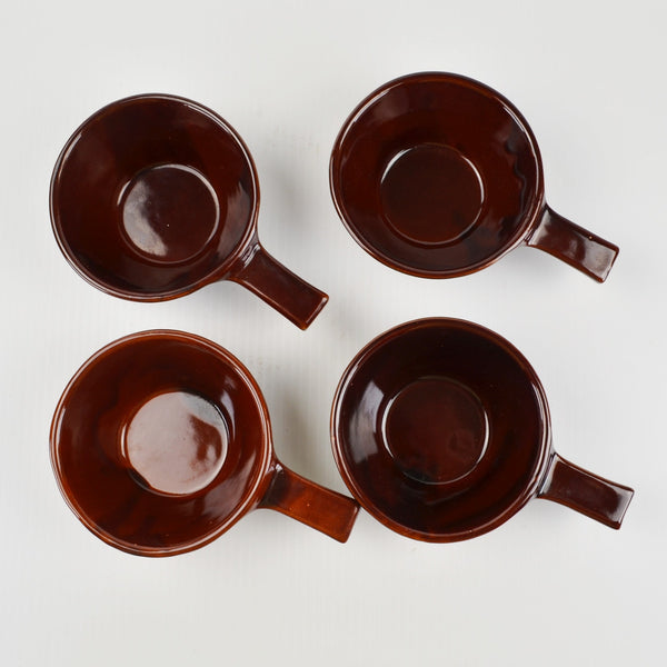 Mar-Crest Daisy Dot Brown Stoneware Soup Bowls with Handle Lot of 4 Vintage