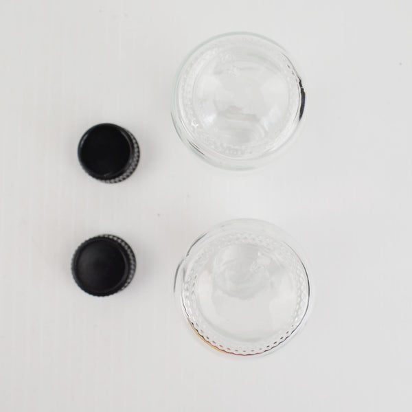 2 Pack 2 Oz Small Clear Glass Bottles with Lids and Stainless Steel Funnel - New