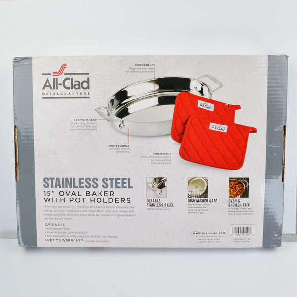 All Clad Stainless Steel 15" Oval Roaster Pan with 2 Pot Holders 8400001601 NEW