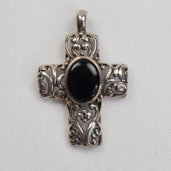 925 Sterling Silver Filagree Cross Pendant 1.75" Black Center Stone 8.9g