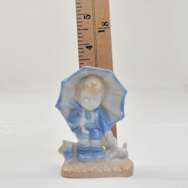 Vintage Blue White Porcelain Japan Farm Country Boy Figurine - Umbrella and Dog