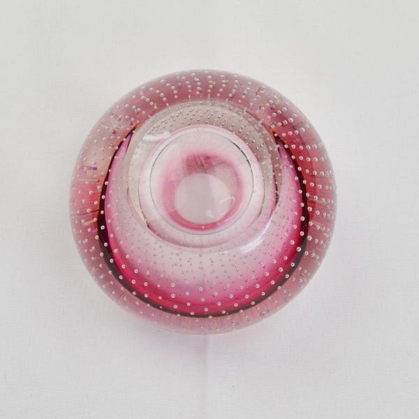 Vtg Hand Blown Pink Bubble Art Glass Crystal Votive Candle Holder Paperweight
