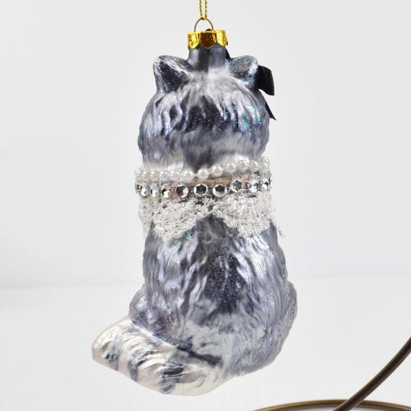 Large Blown Glass Cat Christmas Ornament - Gray Cat Kitten Christmas - 5"