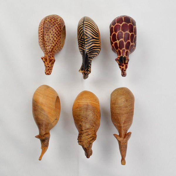 Wood Napkin Rings African Safari Animals Hand Carved, Set of 6, Vintage