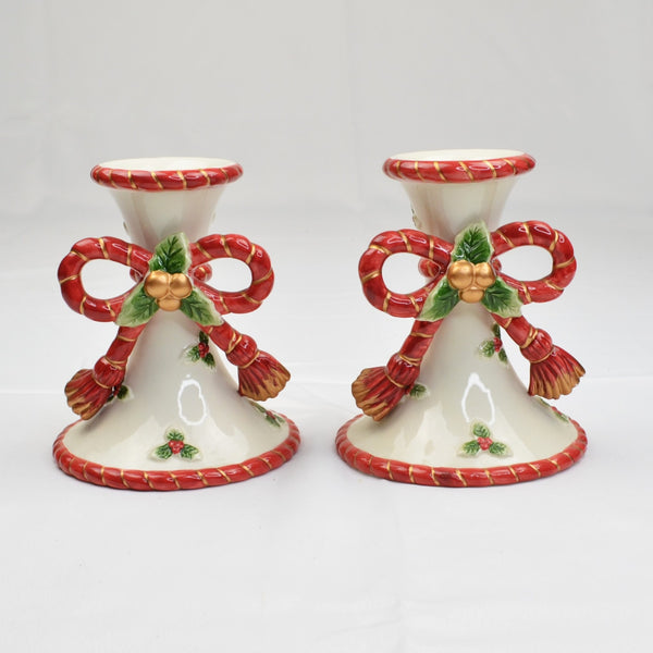 Fitz and Floyd Christmas Bow Candlesticks Candle Holders - Lot of 2