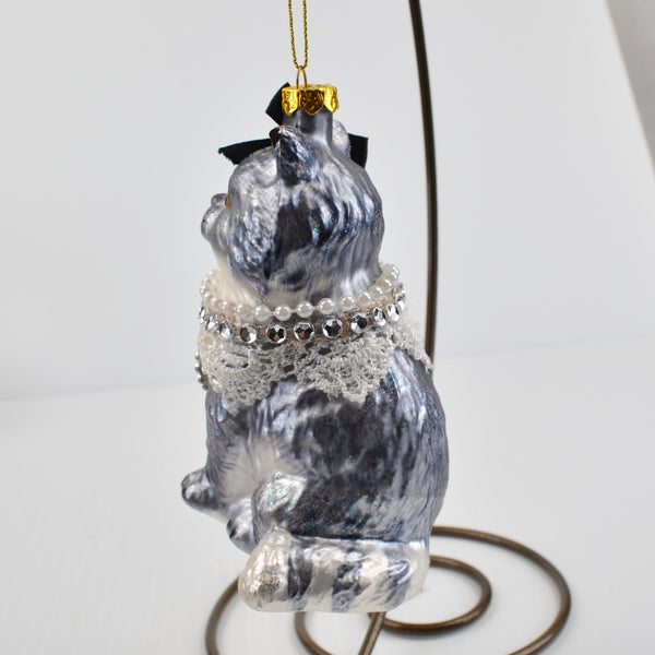Large Blown Glass Cat Christmas Ornament - Gray Cat Kitten Christmas - 5"