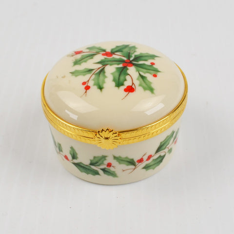 Lenox Porcelain Christmas Hinged Holly Berry Gold Trim Trinket Box 2" Diameter