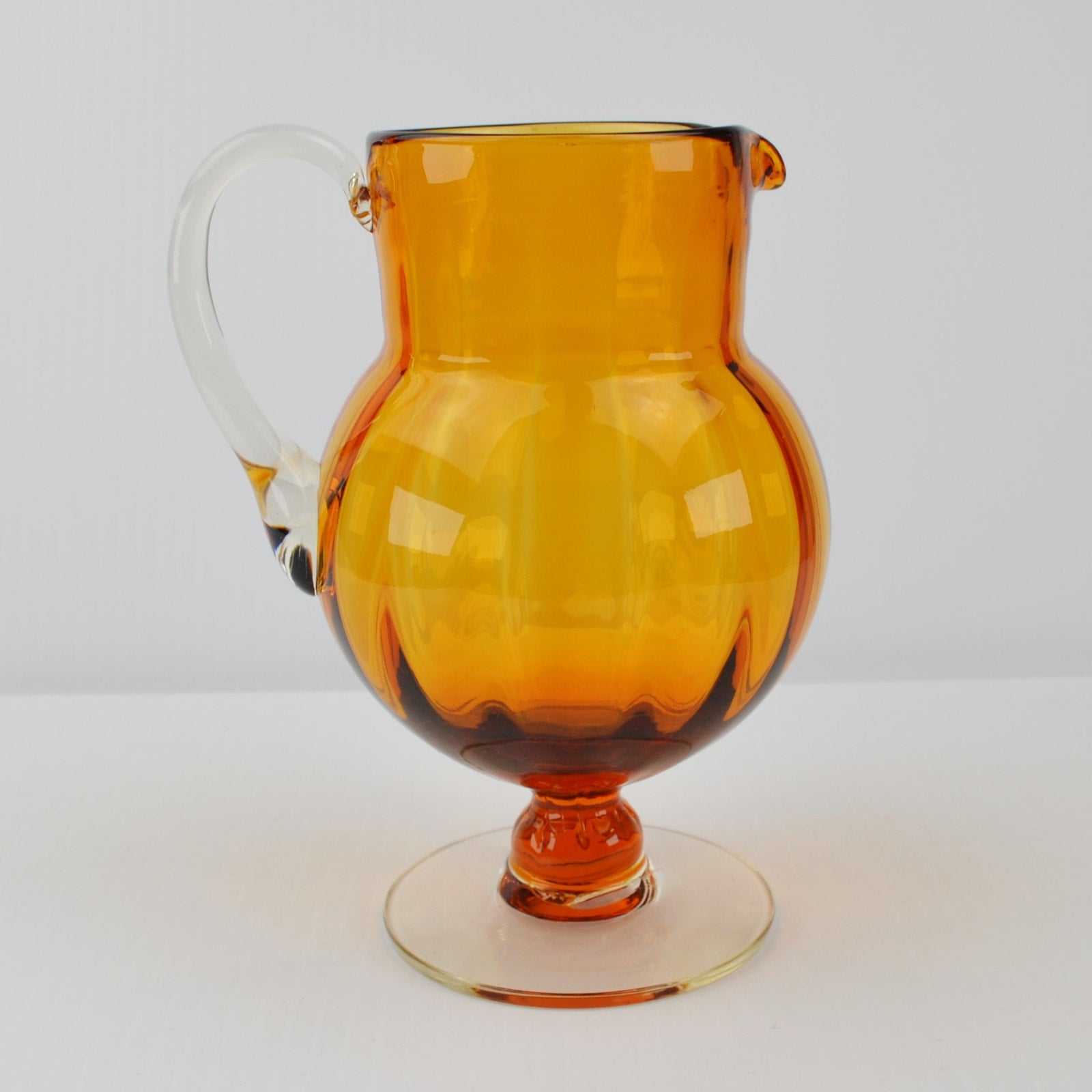 Vintage Hand Blown Art Glass Amber Pitcher Creamer Pedestal Vase Clear Handle 6”