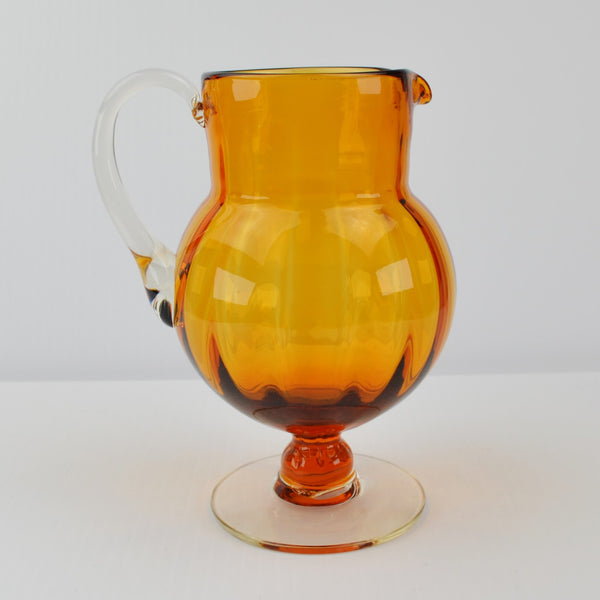 Vintage Hand Blown Art Glass Amber Pitcher Creamer Pedestal Vase Clear Handle 6”