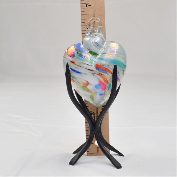 Blown Art Glass Heart Multi-Colored Ornament with Metal Stand Murano Style 4"