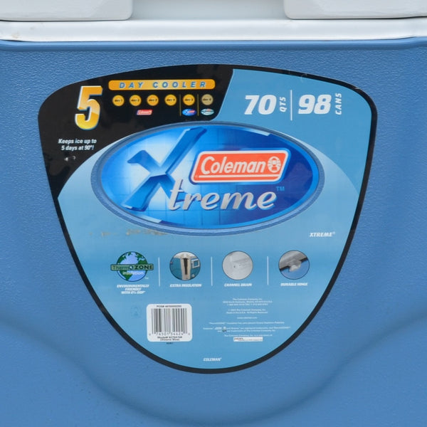 Coleman Xtreme 70 qt Ice Box Cooler Blue/White 98 Cans, Cup Holders