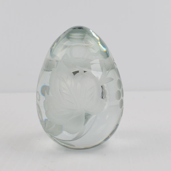 Vintage Clear Glass Egg Paperweight - Etched Cross, Grape Leaf - Egg Shaped