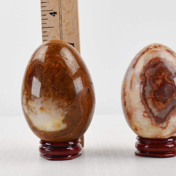 Vintage Alabaster Marble Stone Eggs Polished Brown Swirls Set of 2 w/ Stands 3"