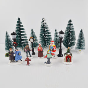 Lot of 17 Holiday Time Christmas Village Trees Figures Lamp People Santa Clock