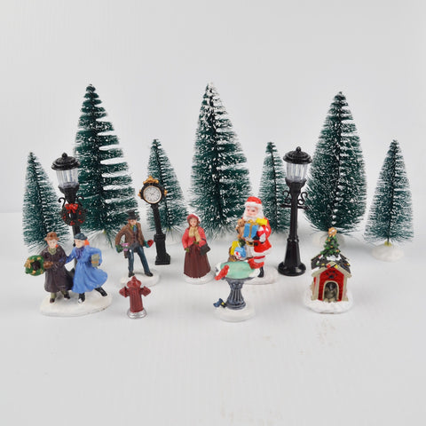 Lot of 17 Holiday Time Christmas Village Trees Figures Lamp People Santa Clock