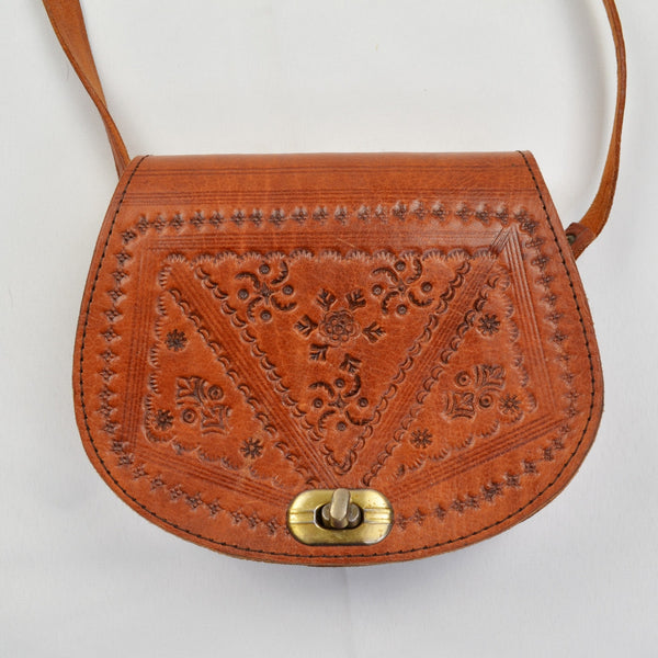 Vintage Handcrafted Hand Tooled Brown Leather Small Crossbody Western Boho Bag