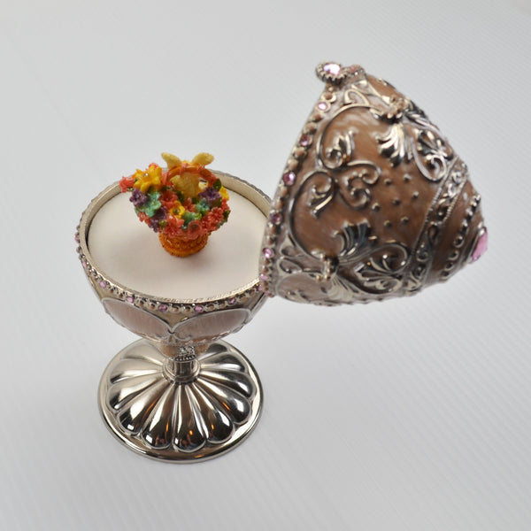 Vintage Enameled Bunny Flower Basket Jeweled Rotating Music Box Egg 6 3/4"