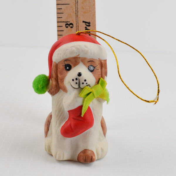 Vintage Holly Bells Ceramic Puppy Dog Bell Christmas Ornament - Giftco 1986