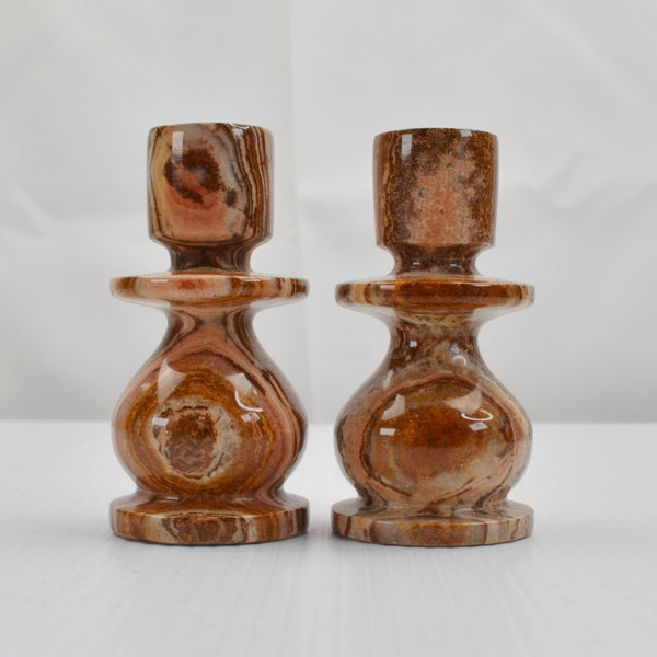 Set Of 2 Natural Alabaster Taper Candle Holders Candlesticks - 4" Marble Stone