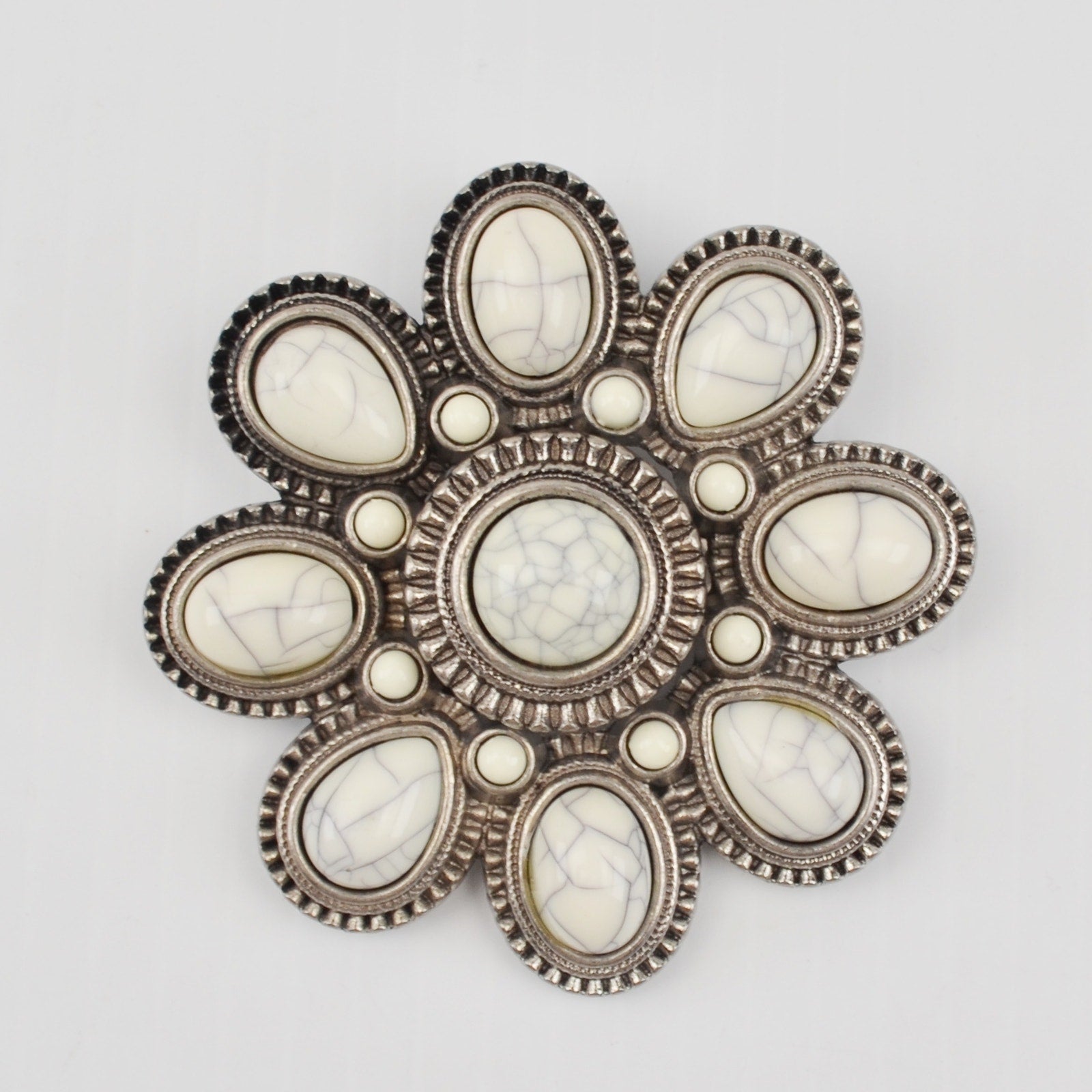 White Marble Bead Silver Tone Brooch Premier Designs Floral Hinged Pendant Loop