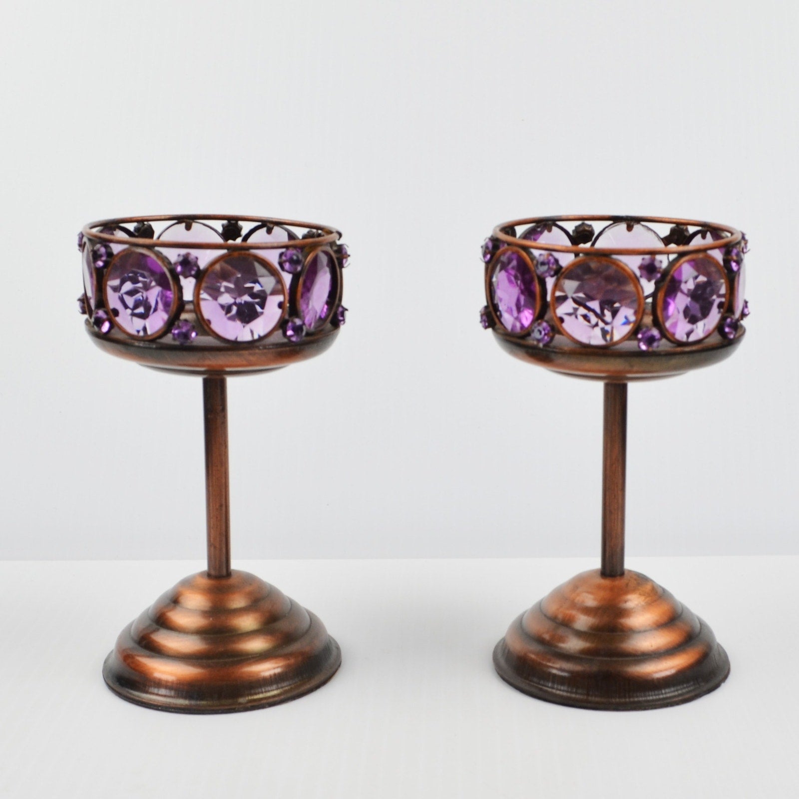 2 Copper Toned Goblet Candle Holder Set - Faceted Amethyst Purple Beaded 5.75"