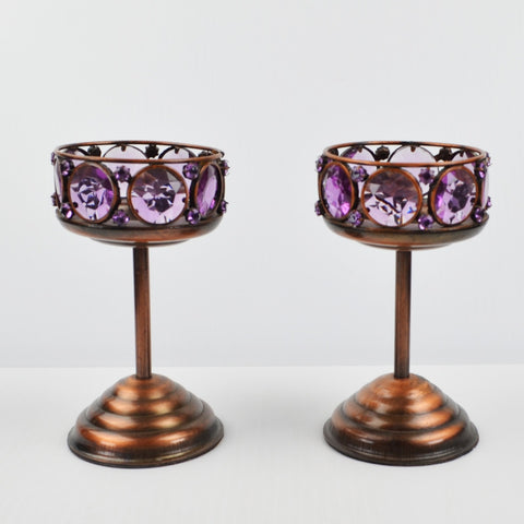 2 Copper Toned Goblet Candle Holder Set - Faceted Amethyst Purple Beaded 5.75"