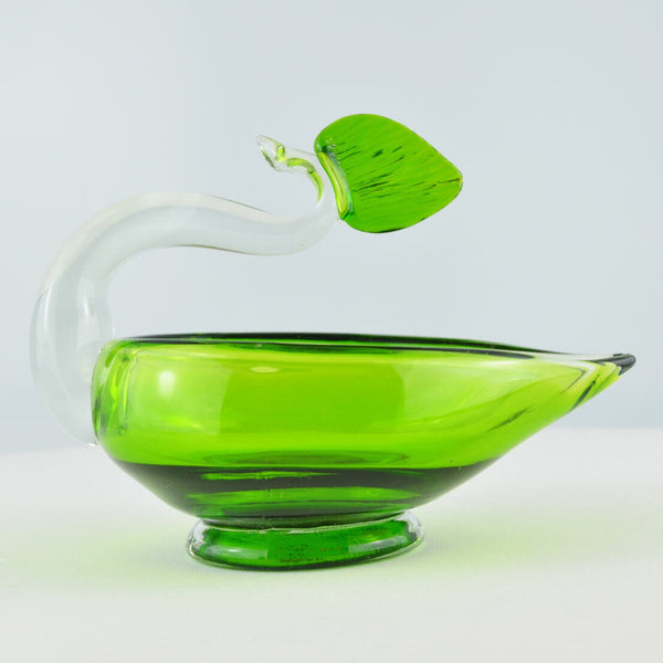 APCO Green Glass Leaf Cigar Ashtray - Blown Art Glass - Vintage Candy Dish Bowl