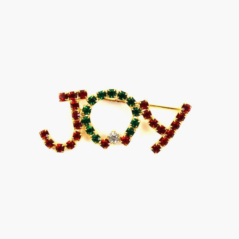 Vintage Christmas Brooch - JOY - Spell-out Rhinestones, Wreath - Gold Tone
