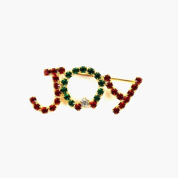 Vintage Christmas Brooch - JOY - Spell-out Rhinestones, Wreath - Gold Tone