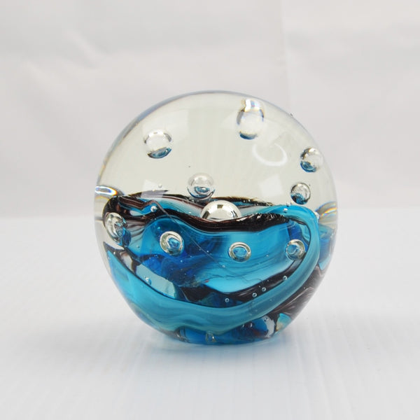 Vintage Paperweight Controlled Bubble Blue Swirl Art Glass Orb Murano Style 3"