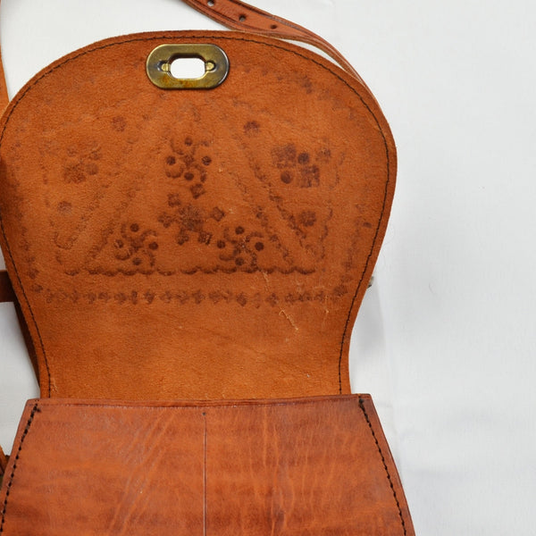 Vintage Handcrafted Hand Tooled Brown Leather Small Crossbody Western Boho Bag