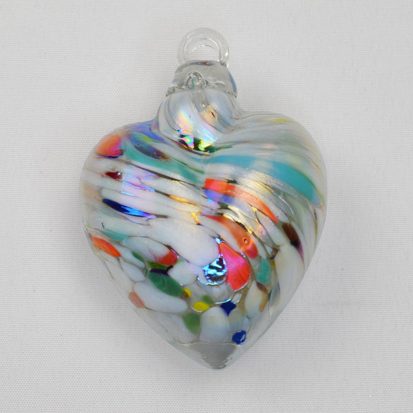 Blown Art Glass Heart Multi-Colored Ornament with Metal Stand Murano Style 4"