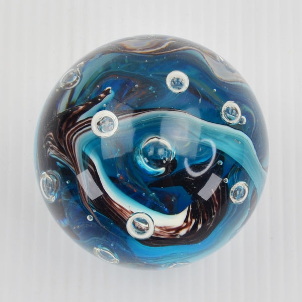 Vintage Paperweight Controlled Bubble Blue Swirl Art Glass Orb Murano Style 3"