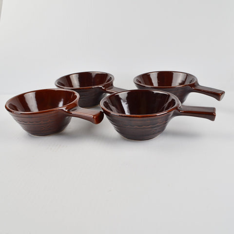 Mar-Crest Daisy Dot Brown Stoneware Soup Bowls with Handle Lot of 4 Vintage