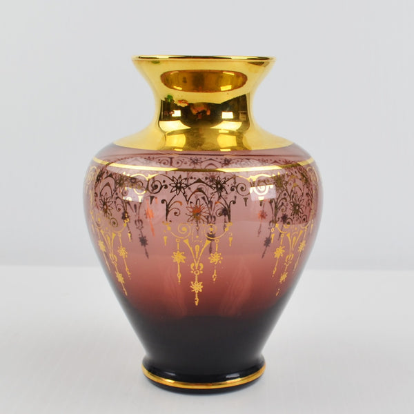 Vintage Vecchia Murano Art Amethyst Glass Vase - 24K Gold Leaf Trim 5” - Purple