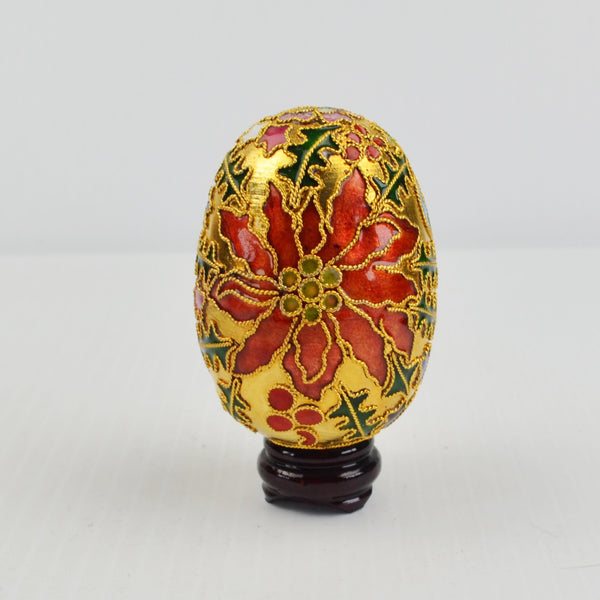 Cloisonne Enameled Metal Egg with Stand Christmas Holiday Poinsettia 2 3/4"