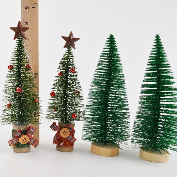 Christmas Village Bottle Brush Christmas Trees - 2 Decorated, 2 Natural, Green