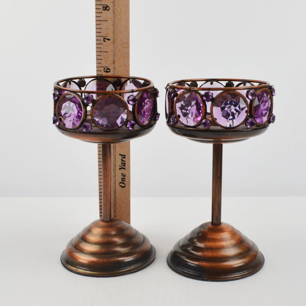 2 Copper Toned Goblet Candle Holder Set - Faceted Amethyst Purple Beaded 5.75"
