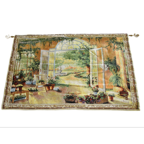 Large Wall Hanging Tapestry - 56" x 35" - Beautiful French Doors Garden w/Rod
