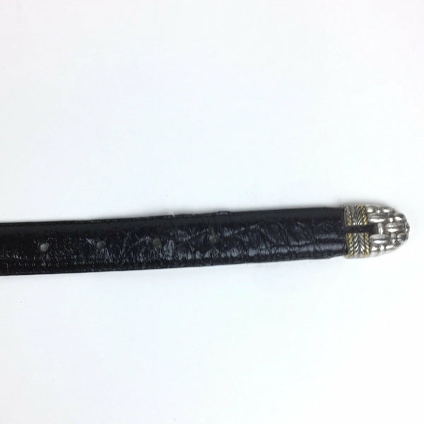 Womens Black Leather Belt - Basket Weave Silver Buckle, Conchos - Size Small